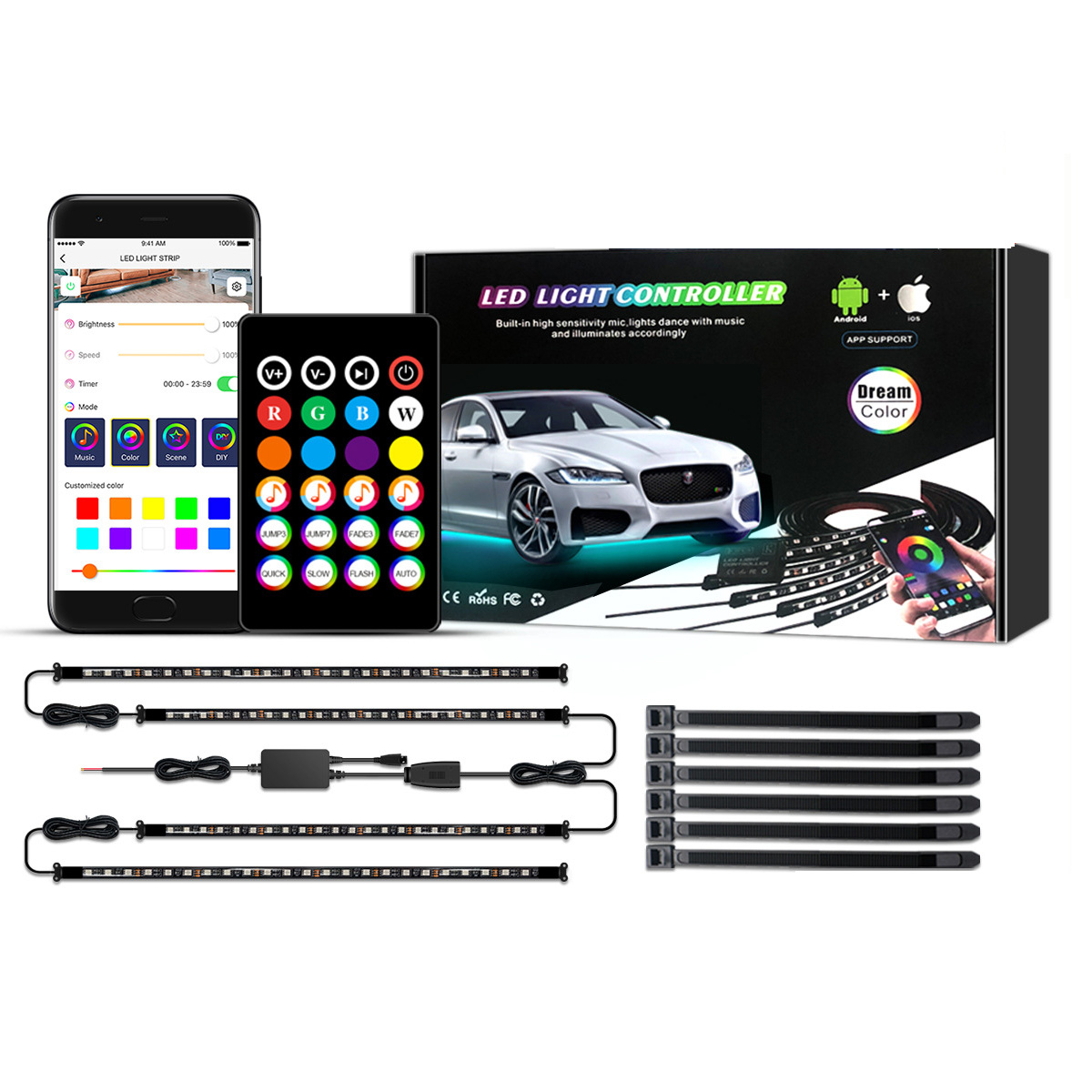 DC12V Waterproof SMD5050 LED Car Atmosphere Music Jump Light Strip and Bluetooth Controller with RF Remote and APP control kit